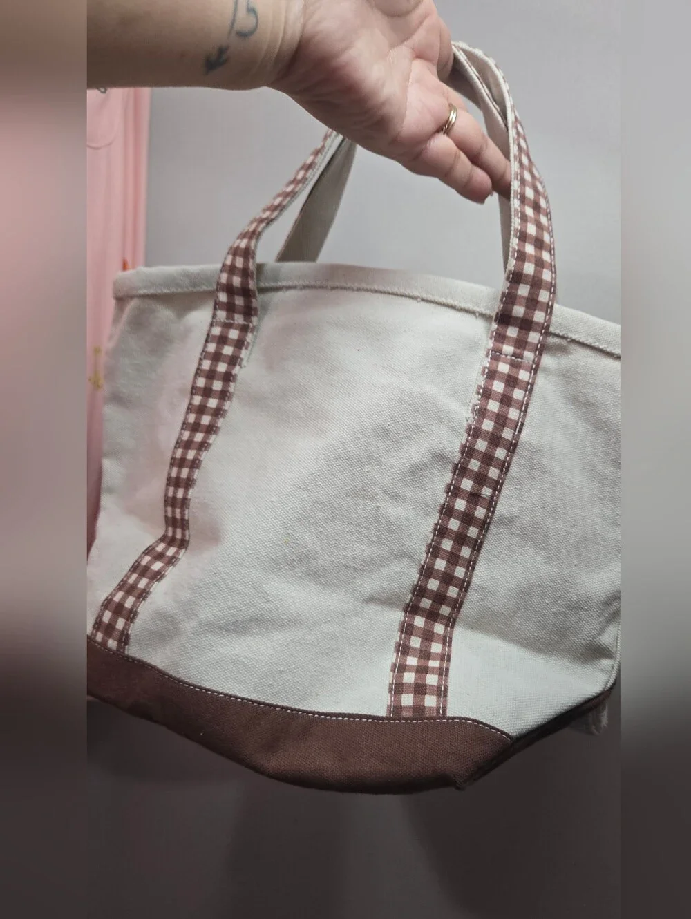 Sold Canvas Tote Bag with Beaded Dog Doodle Motif - Cream & Brown